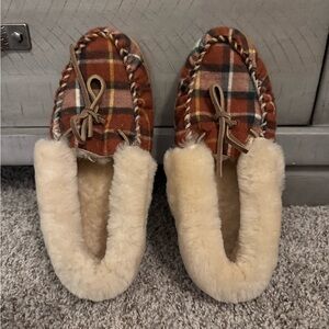 LL Bean Plaid Moccasin Slippers with Faux Fur Lining